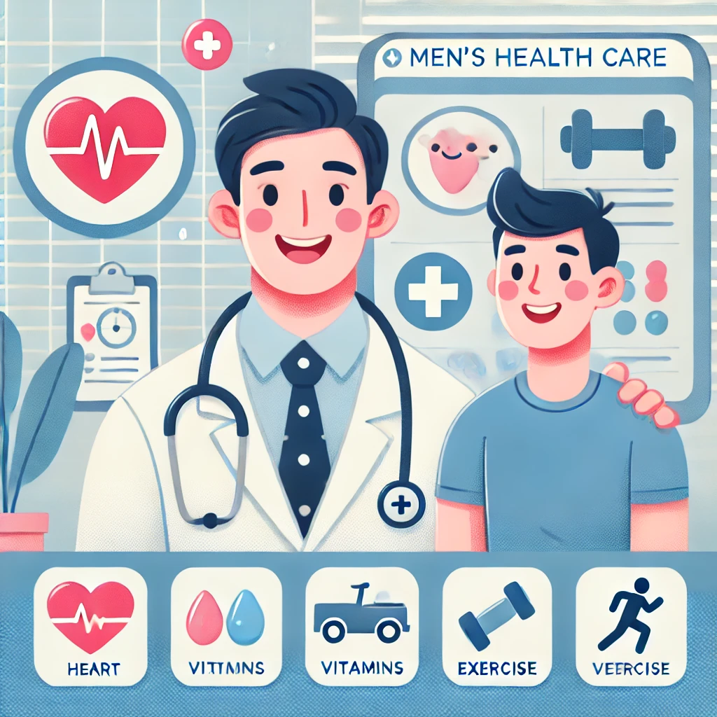DALL·E 2025-01-18 16.36.54 – An illustrated cartoon-style image focusing on men’s health care. The image should feature a friendly male doctor with a stethoscope, a smiling patien
